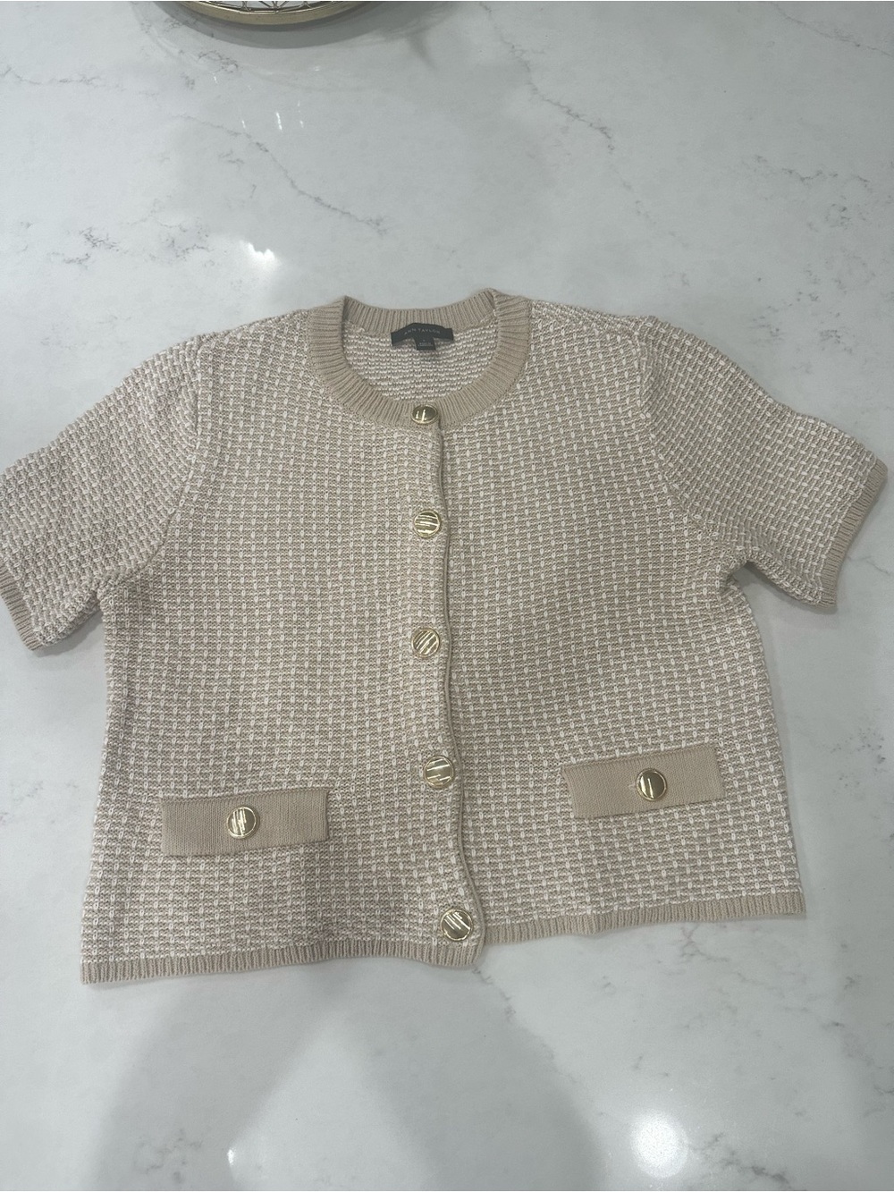 Ann Taylor Short-Sleeve Knit Cardigan in Light Beige with Gold Buttons
